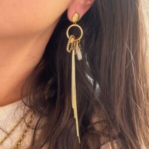 Boucles d’oreilles longues dorées avec médailles et pierres grises Laëtitiatralala