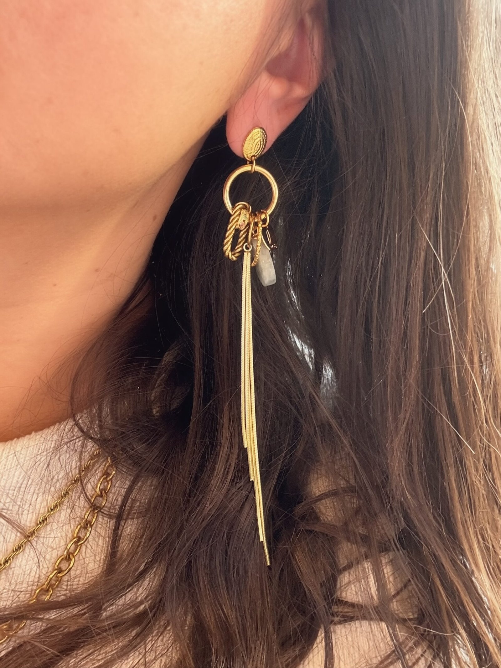 Boucles d’oreilles longues dorées avec médailles et pierres grises Laëtitiatralala
